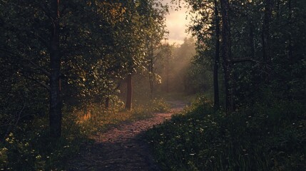 Fototapeta premium Sunlight filtering through forest trees onto a dirt path.