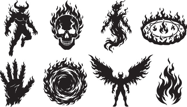 Black flame icons, devil and angel silhouettes, fire symbols, evil and mystical vector graphics set
