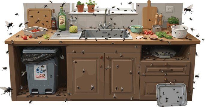 Vector illustration of a dirty kitchen with a severe fly infestation on countertops food and trash cans.