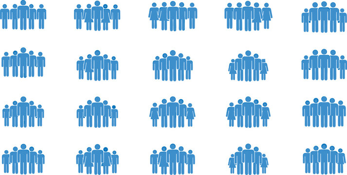 Blue people group icon set, diverse men and women team silhouettes, business community crowd avatar vector collection.