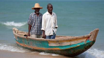 Obraz premium Two men in a wooden boat preparing for sea hunting near the shore