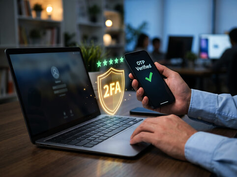 Two factor authentication concept with person holding smartphone showing otp verified and laptop displaying login screen and shield icon with stars security.