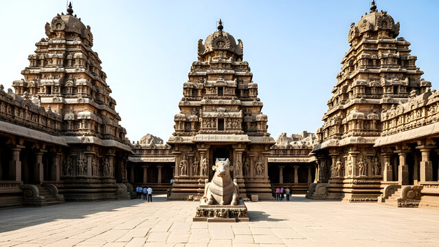 Ancient Indian Temple Courtyard with Nandi and Dravidian Stone Architecture