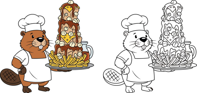 Cute Beaver Chef Mascot with Giant Poutine Tower Vector Illustration - Colored and Line Art Coloring Page Version for Canadian Food Themes