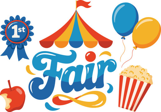 Carnival or fair elements including text circus tent balloons popcorn apple and rosette on transparent background.