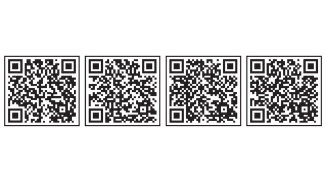 A row of four black and white QR codes