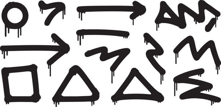 Graffiti spray paint drip shapes set with arrows circles squares and triangles black ink splatters on transparent background vector.