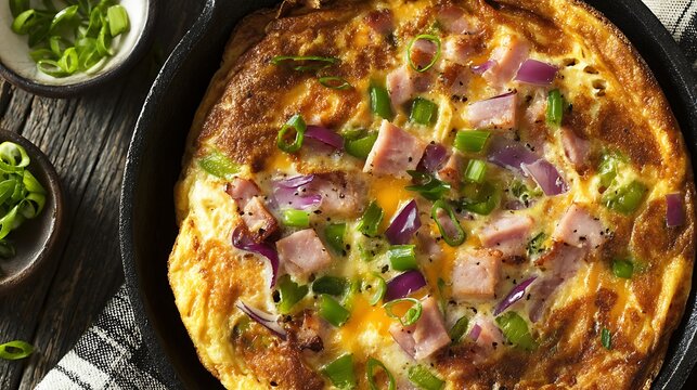 Top View of Ham and Red Onion Omelette in Cast Iron Skillet with Fresh Green Onions