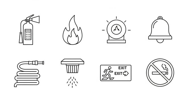 Collection of fire safety icons and symbols for emergency preparedness.