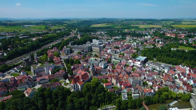 Aerial view of the old part of the city Backnang in Germany. On a cloudy day in Spring.