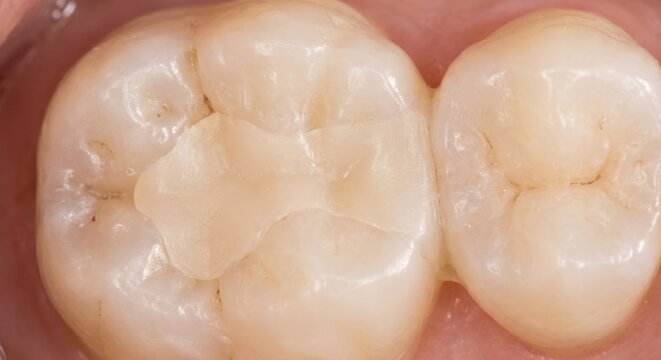 Macro of adult molar with tooth colored composite filling