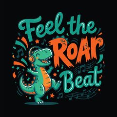 Cute T-Rex Dinosaur Wearing Headphones Listening To Music Illustration Design © MdAnisul