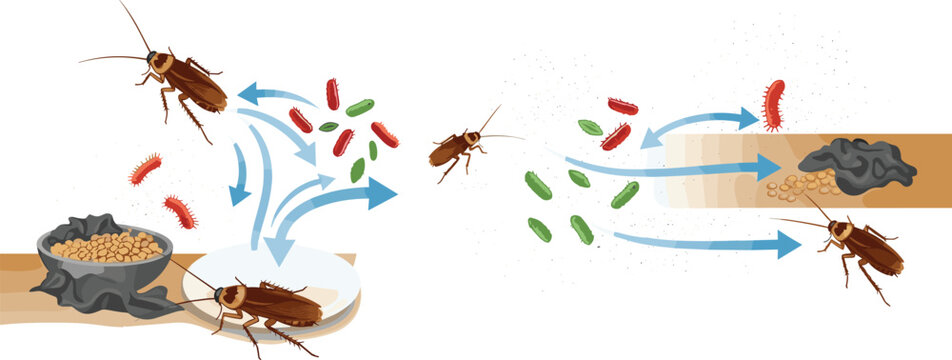 Vector infographic illustrating cockroach cross contamination showing the spread of bacteria and pathogens between food and nests.