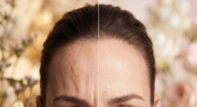 Forehead comparison of deep wrinkles and smooth skin