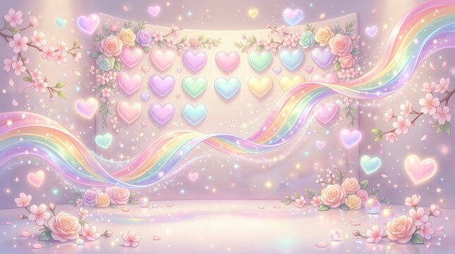Whimsical pastel rainbow heart floral background