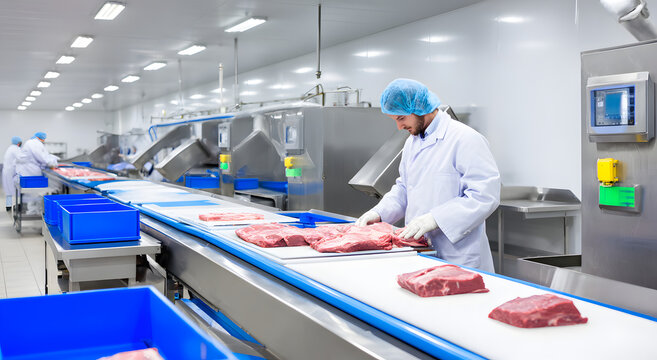 Meat processing plant worker handling raw beef on a production line conveyor belt