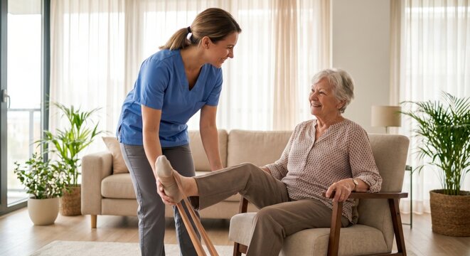 Caregiver assisting senior woman with leg exercises at home