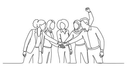 Obraz premium Continuous line drawing a group of people stacking their hands.