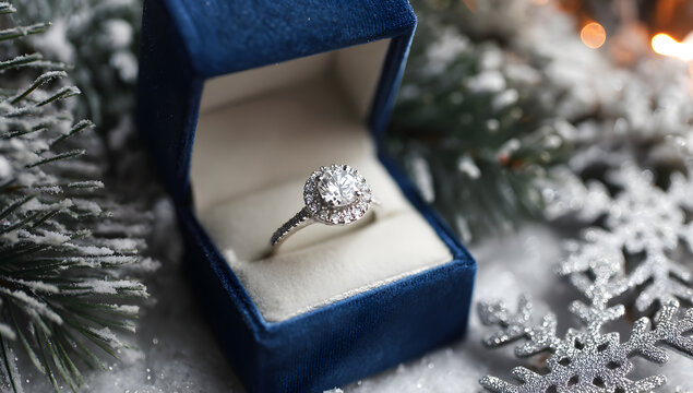 Diamond engagement ring in blue velvet box on snowy Christmas tree background