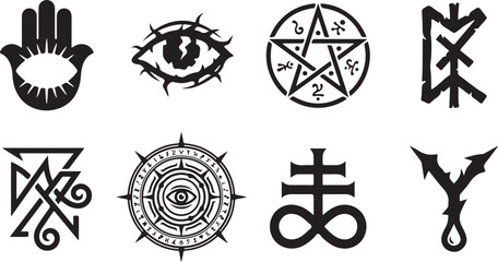 Black magic symbols, occult icons, mystical signs, 8 vector graphics © Nayeem