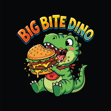 Cute green dinosaur eating a big tasty burger illustration Design