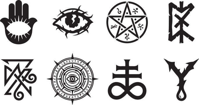 Black magic symbols, occult icons, mystical signs, 8 vector graphics