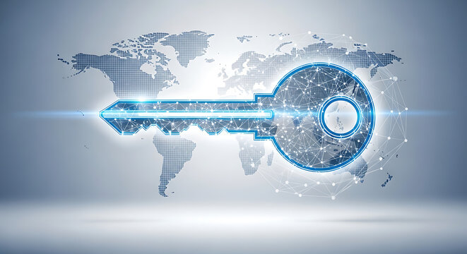 Digital key concept representing global security and network access with a world map background.