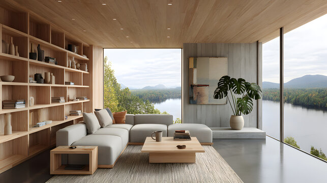Modern living room with lake view and wooden interior design elements