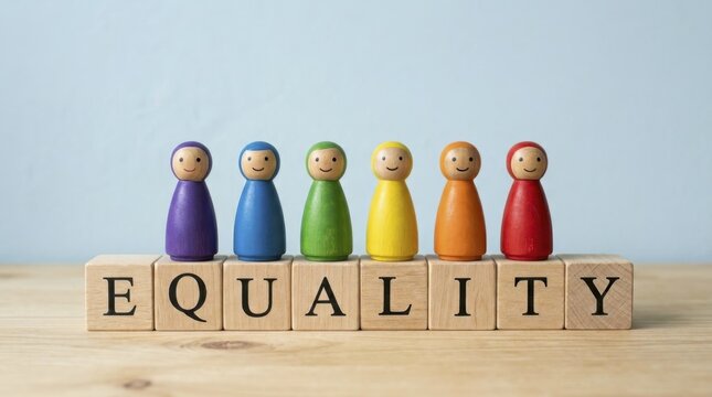 Colorful wooden peg dolls standing on wooden blocks spelling equality