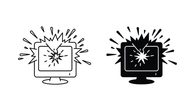 Broken computer monitor screen explosion icon set in line art and black silhouette for tech failure