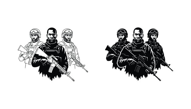 Soldier trio holding rifles in tactical gear in both linear and solid black silhouette styles for security agency branding and military themed vector graphic design and combat game logos
