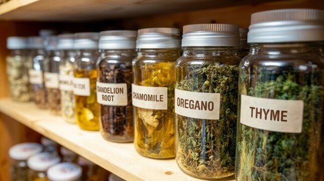 A row of glass jars filled with dried herbs and spices on a wooden shelf, labeled for easy identification.
