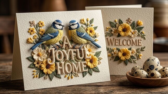 Charming greeting card with bluebirds and floral design, expressing a joyful welcome