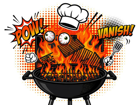 Exploding barbecue grill with giant eyeballs and chef hat in pop art style featuring comic speech bubbles and halftone dots with flying grill grates and fire flames on white background scene.