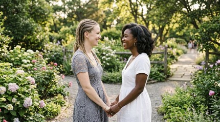 Fototapeta premium Two women in love holding hands and smiling in a lush summer garden