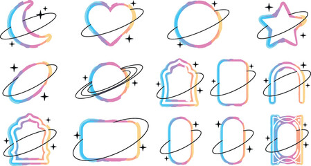 Colorful celestial space aesthetic frames set with planet rings stars heart moon and geometric outline shapes for modern digital design vector illustration © Kanon Islam