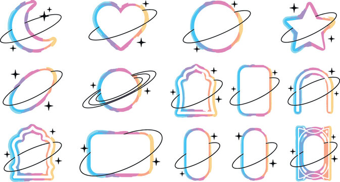 Colorful celestial space aesthetic frames set with planet rings stars heart moon and geometric outline shapes for modern digital design vector illustration
