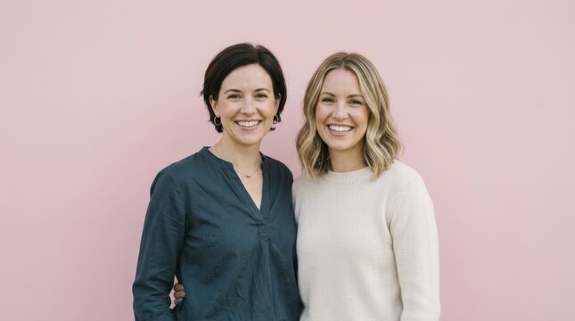 Two smiling women standing together against a pink background