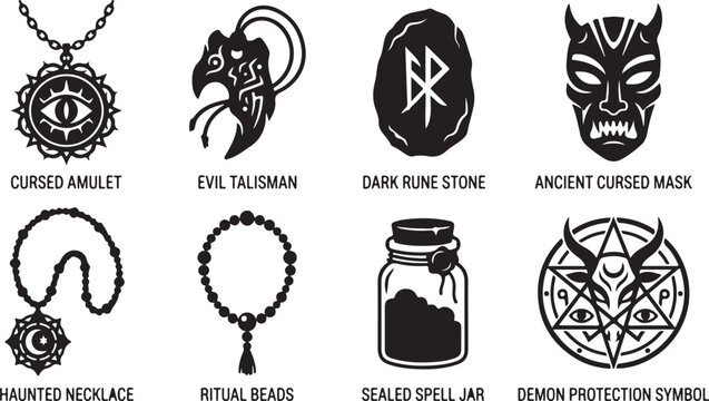 Dark magic symbols, cursed objects, evil talismans, mystical icons, 8 black and white vector illustrations