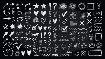 Hand drawn chalk doodle icons mega set with arrows stars hearts check marks speech bubbles and creative design elements vector illustration © Kanon Islam