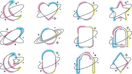 Collection of celestial geometric icons with planetary rings moon heart star and planetary shapes in a modern line art style vector illustration © Kanon Islam