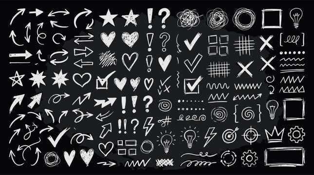 Hand drawn chalk doodle icons mega set with arrows stars hearts check marks speech bubbles and creative design elements vector illustration
