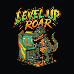 T-Rex dinosaur playing video games on an arcade machine illustration Design © MdAnisul
