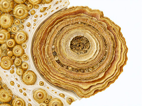 Human compact bone osteon histology anatomy illustration showing Haversian canal concentric lamellae osteocyte lacunae and bone tissue architecture in warm amber gold tones on white background