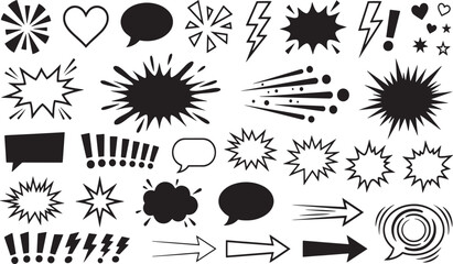 Fototapeta premium Collection of hand drawn black comic speech bubbles and bang explosion effects with hearts stars lightning bolts and arrows vector illustration