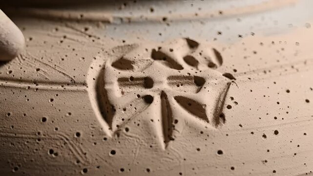 Closeup of a hand carving a symbol into clay with a tool.