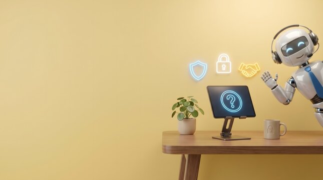 A tablet showing a question mark and a Helpful AI Robot Assistant peeking from the right side with Blue Tie Offering Secure Digital Banking Solutions and Insurance Help Desk Support
