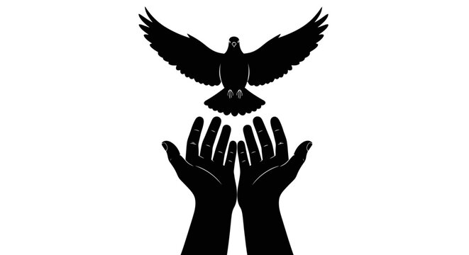 Black silhouette bird flying over hands, freedom symbol, dove release, hand drawn icon