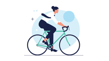 Obraz premium Active professional woman in business attire commutes to work by riding her green bicycle against a modern background.