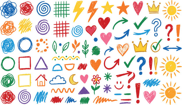 Hand drawn doodle element set with colorful heart star arrow sun crown house cloud moon and geometric shape vector illustration